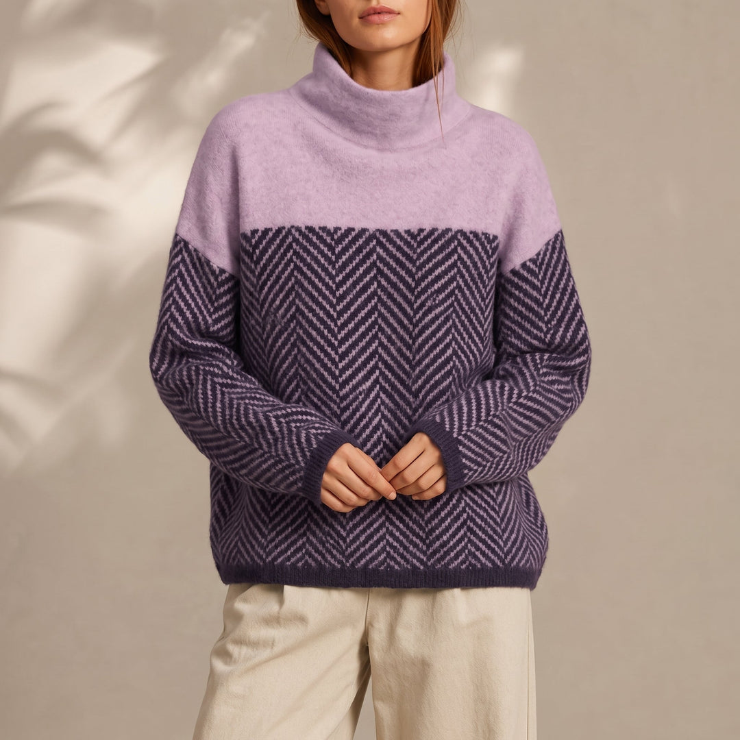 Women's Jumper – Chevron Colour-Block Relaxed-Fit Funnel-Neck Knit