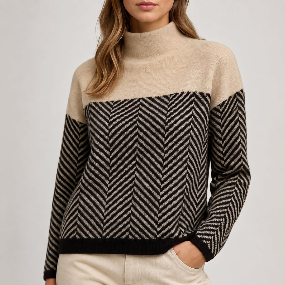 Women's Jumper – Chevron Colour-Block Relaxed-Fit Funnel-Neck Knit