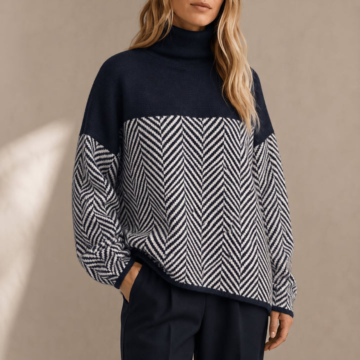 Women's Jumper – Chevron Colour-Block Relaxed-Fit Funnel-Neck Knit