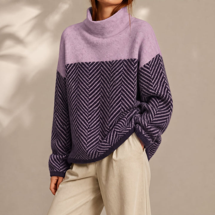 Women's Jumper – Chevron Colour-Block Relaxed-Fit Funnel-Neck Knit