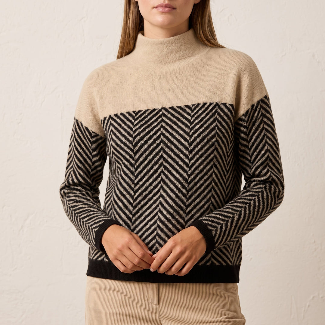 Women's Jumper – Chevron Colour-Block Relaxed-Fit Funnel-Neck Knit