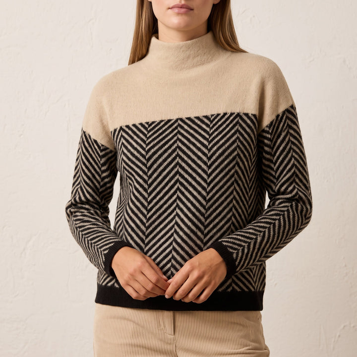 Women's Jumper – Chevron Colour-Block Relaxed-Fit Funnel-Neck Knit