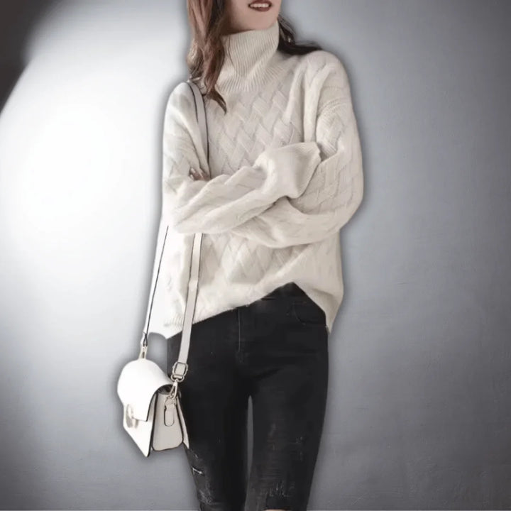 Women's Knitted Basketweave Turtleneck Oversized Jumpers