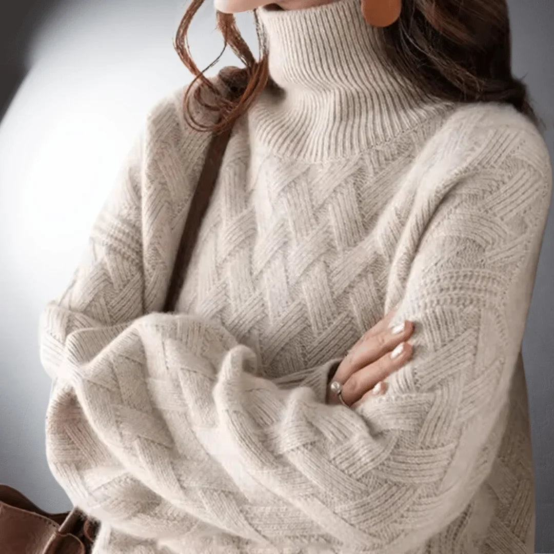 Women's Knitted Basketweave Turtleneck Oversized Jumpers