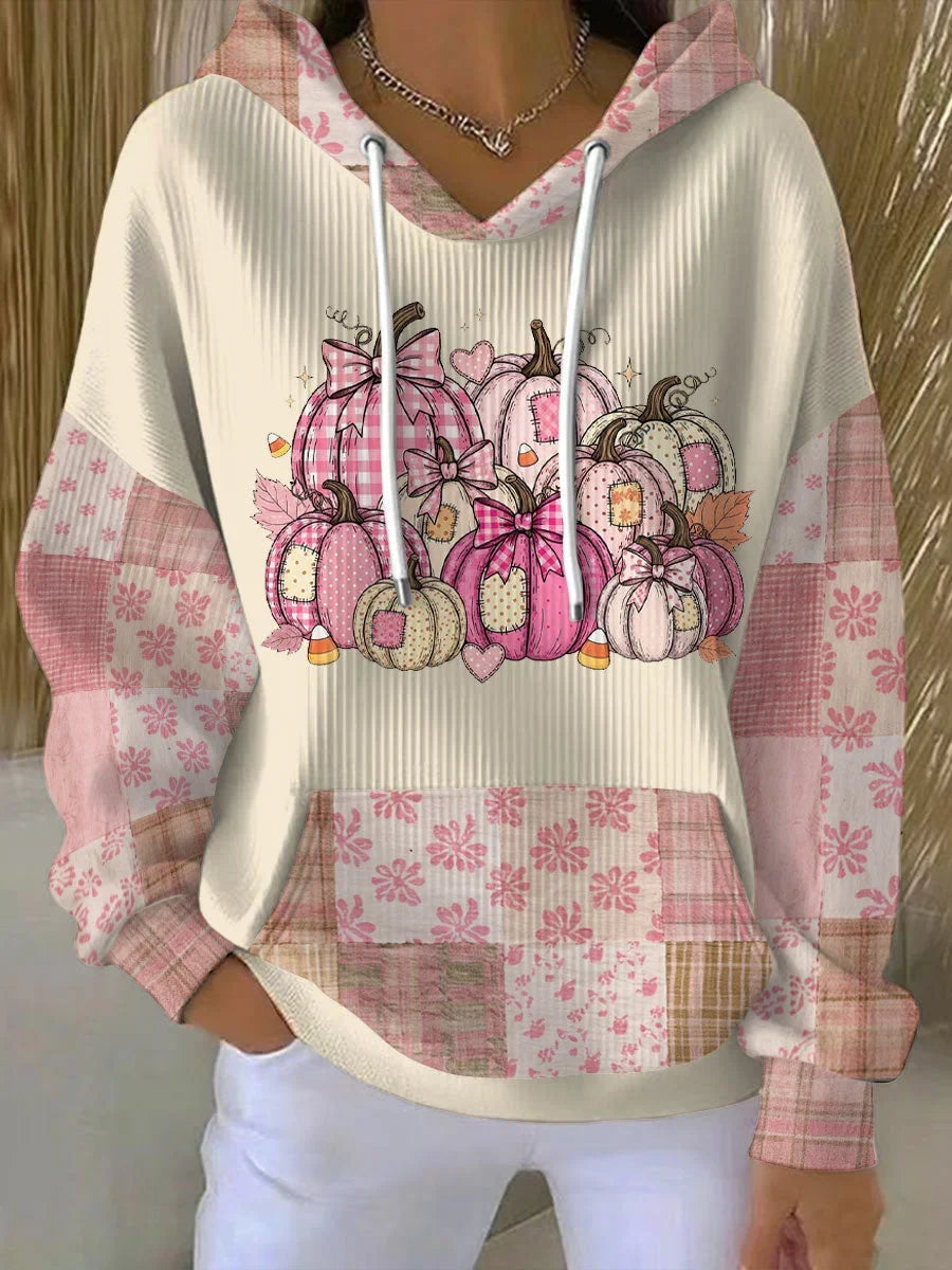 Women's Oversized Pumpkin Patchwork Hooded Knitted Jumper