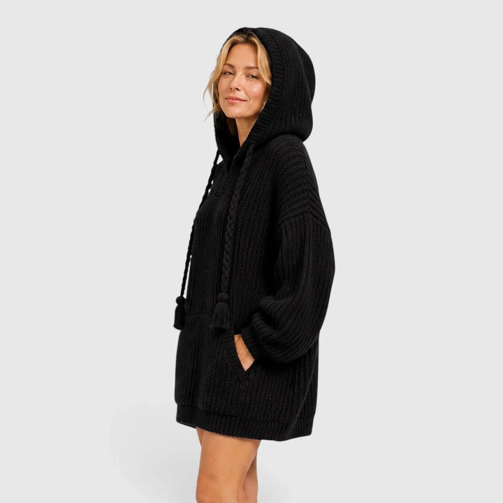Women's Oversized Ribbed V-Neck Hoodie Knitted Jumper