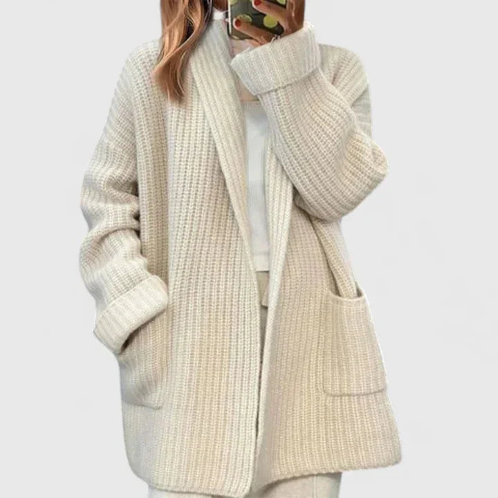 Women's Ribbed Open-Front Shawl Collar Cardigan – Patch Pockets