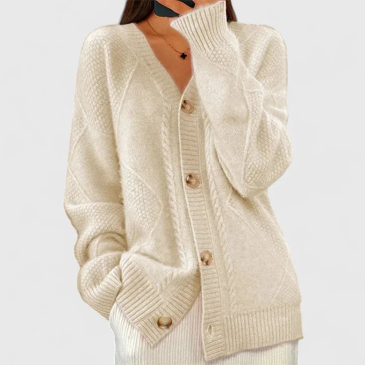 Women's Knit Button-Front V-Neck Cardigan – Ribbed Cuffs