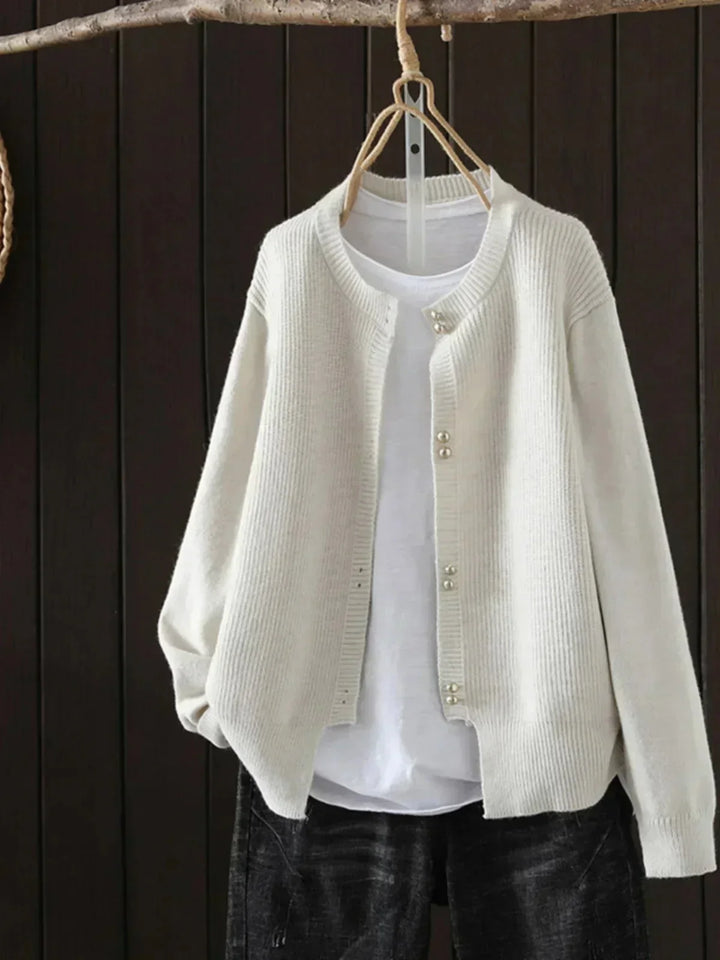 Women's Knit Button-Front Crew Neck Cardigan – Ribbed Texture