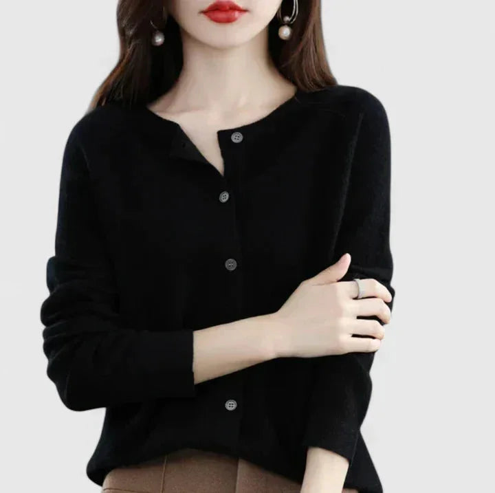 Women's Knit Button-Front Crew Neck Cardigan – Ribbed Cuffs And Hem