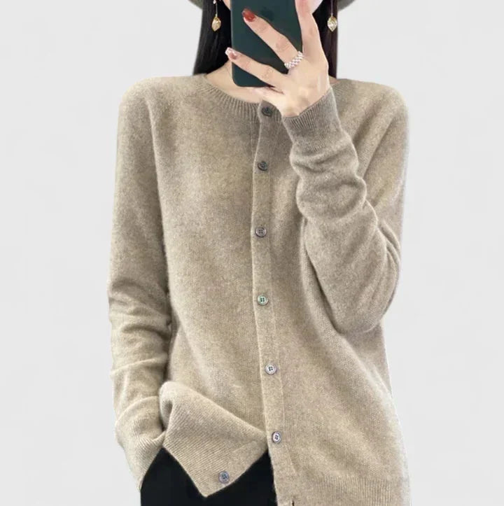 Women's Knit Button-Front Crew Neck Cardigan – Ribbed Cuffs And Hem
