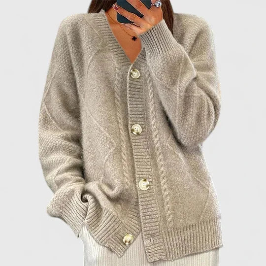 Women's Knit Button-Front V-Neck Cardigan – Ribbed Cuffs