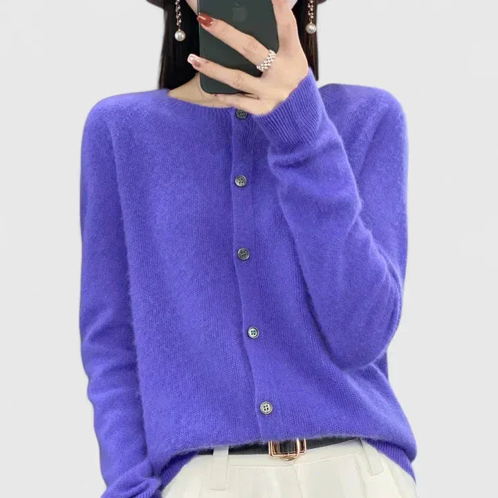 Women's Knit Button-Front Crew Neck Cardigan – Ribbed Cuffs And Hem
