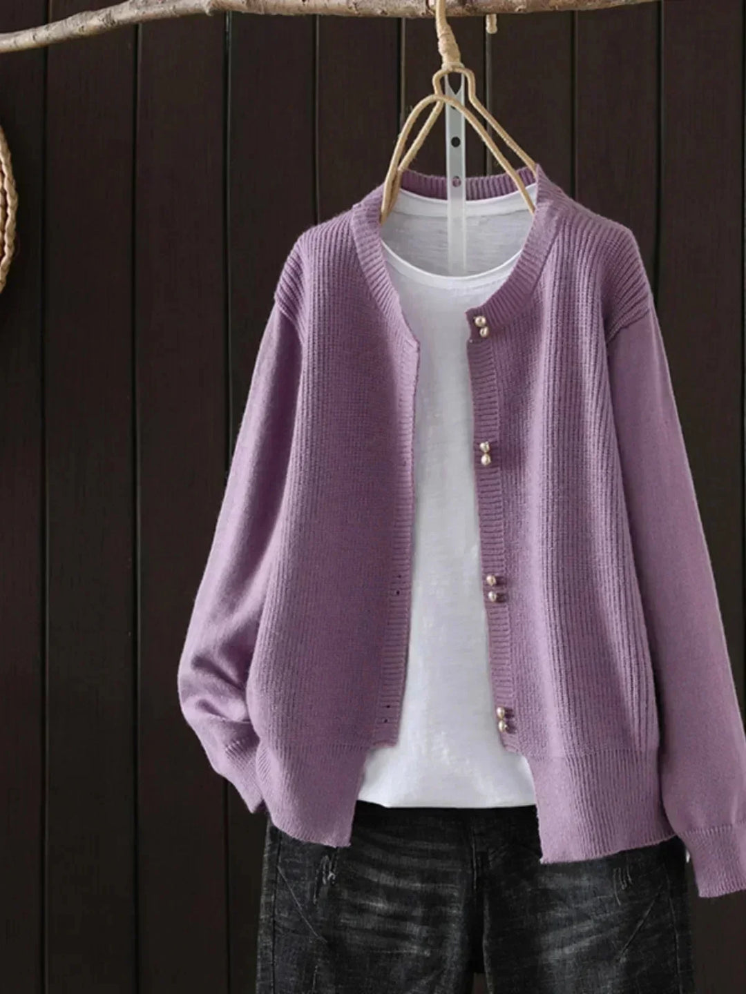 Women's Knit Button-Front Crew Neck Cardigan – Ribbed Texture