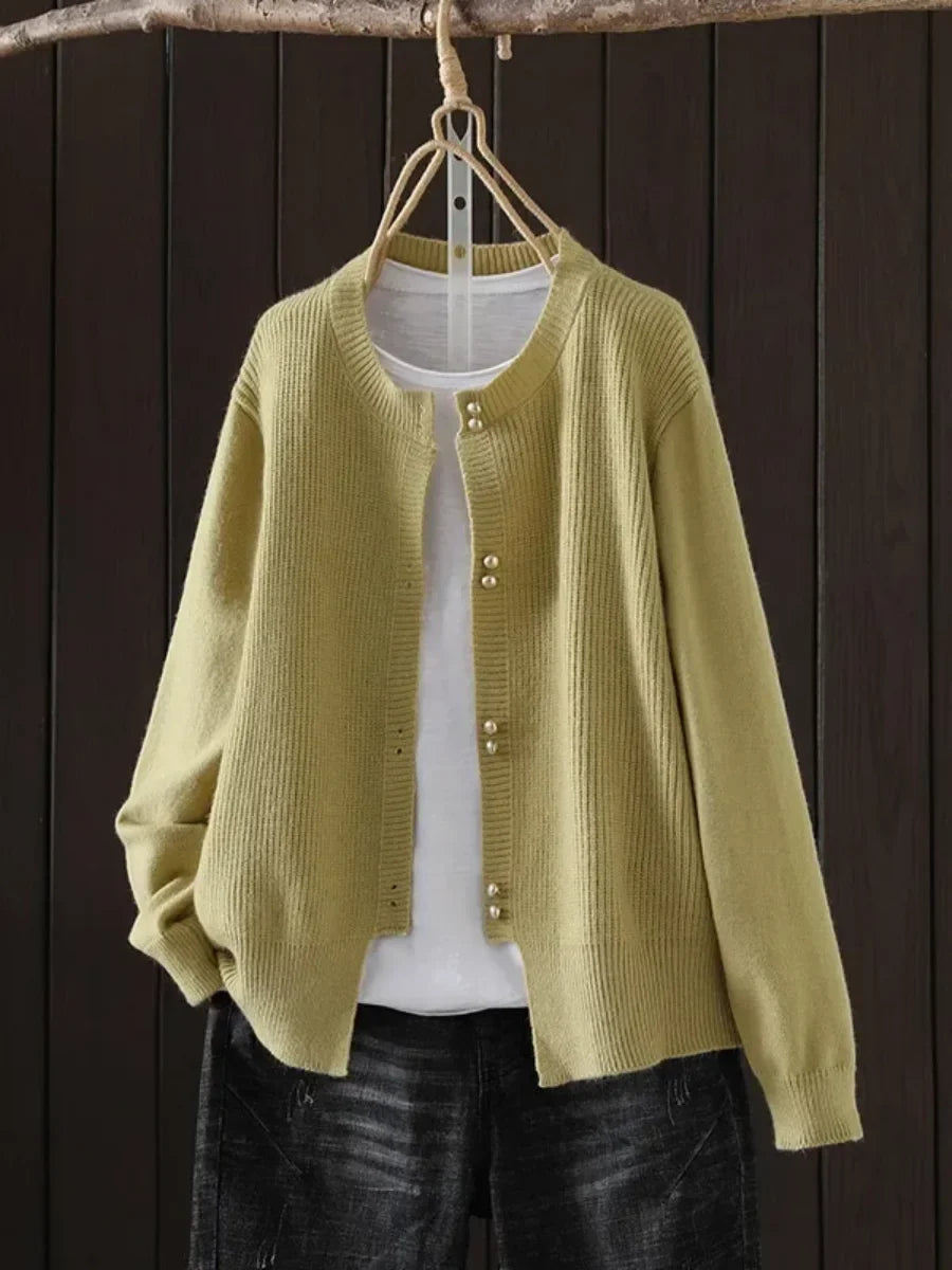 Women's Knit Button-Front Crew Neck Cardigan – Ribbed Texture