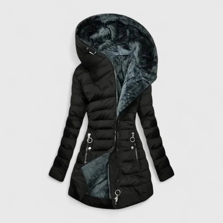 Women's Quilted Zip-Up Hood Puffer Coat – Faux Fur Lining