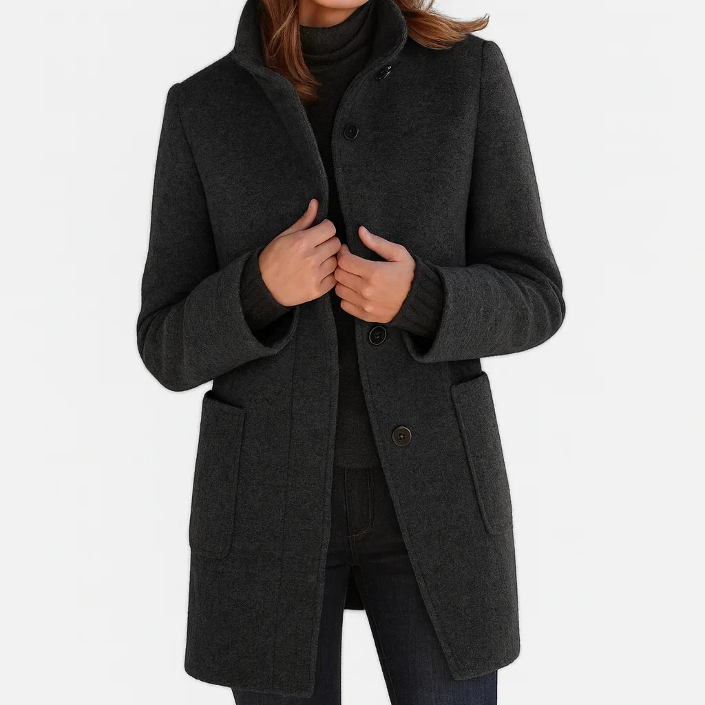 Women's Button-Front Stand Collar Wool Coat – Patch Pockets