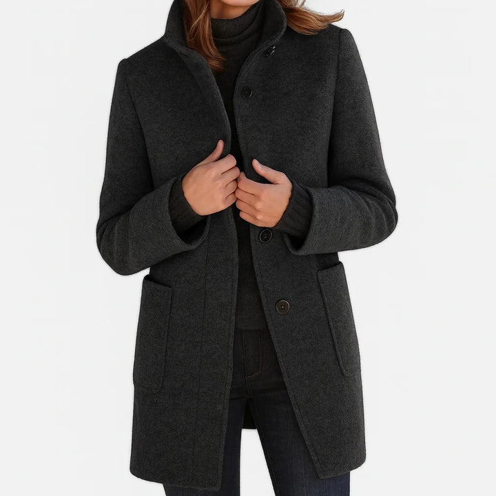Women's Button-Front Stand Collar Wool Coat – Patch Pockets
