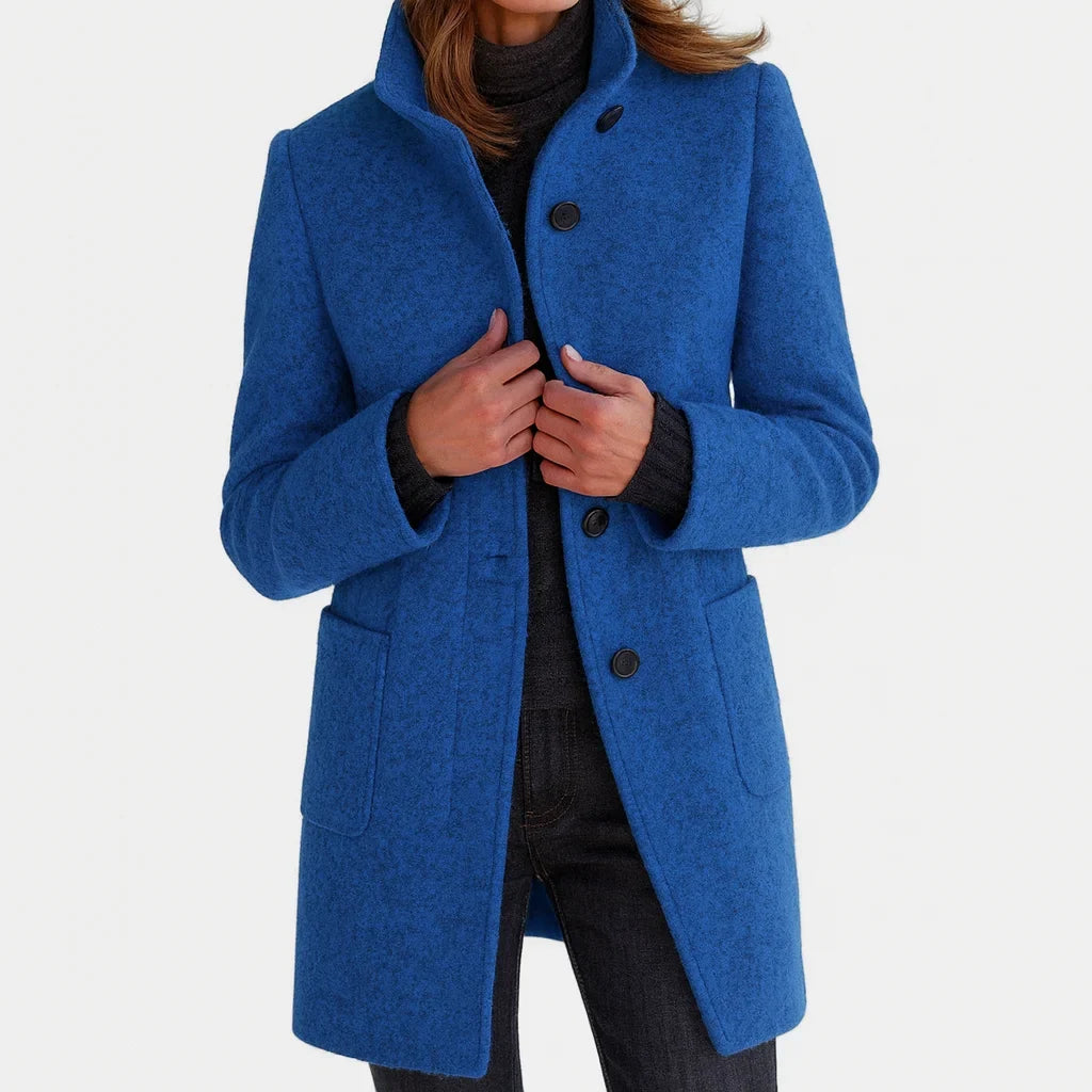 Women's Button-Front Stand Collar Wool Coat – Patch Pockets
