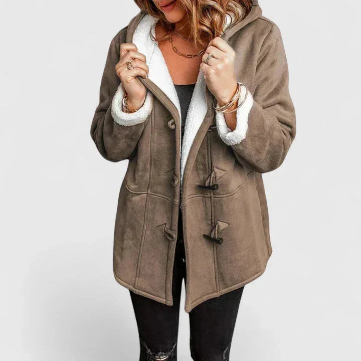 Women's Suede Toggle Hood Sherpa Lined Jacket – Front