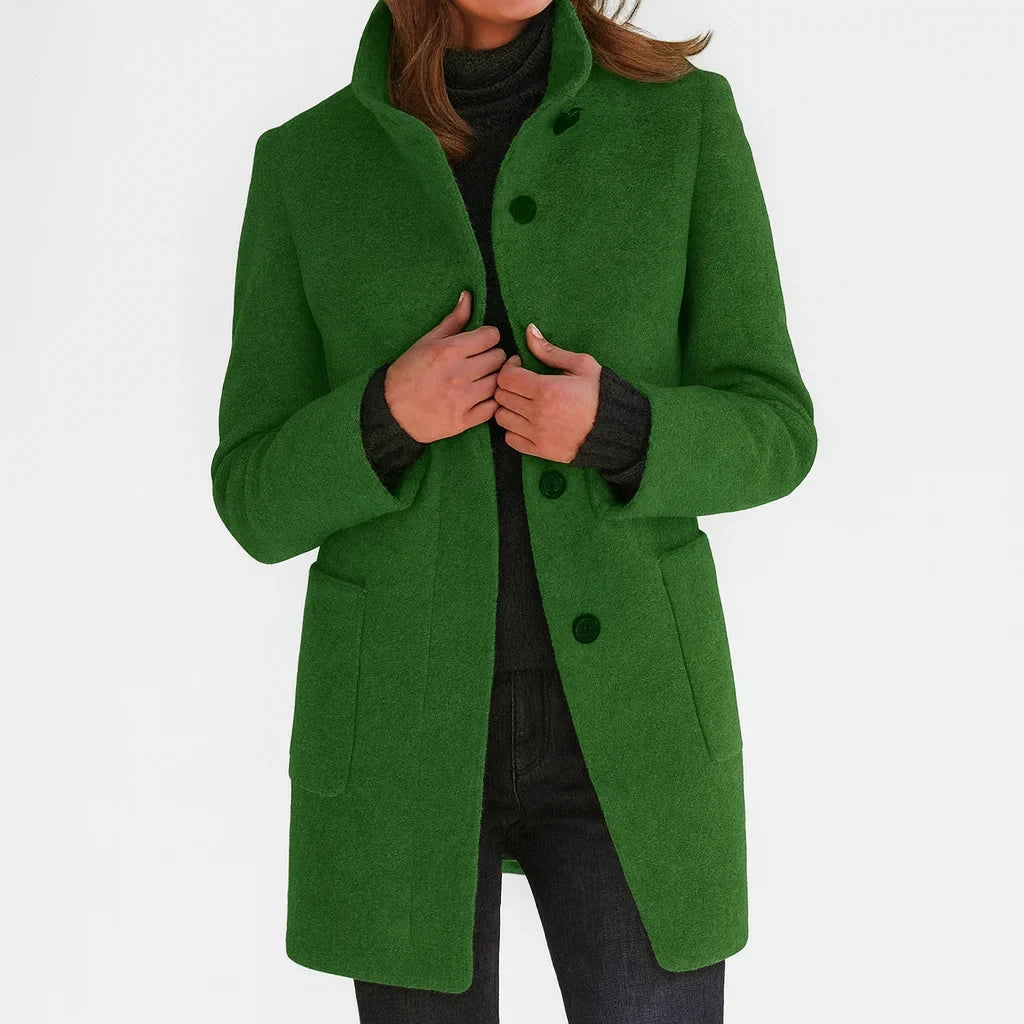 Women's Button-Front Stand Collar Wool Coat – Patch Pockets