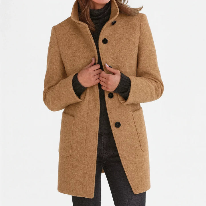 Women's Button-Front Stand Collar Wool Coat – Patch Pockets