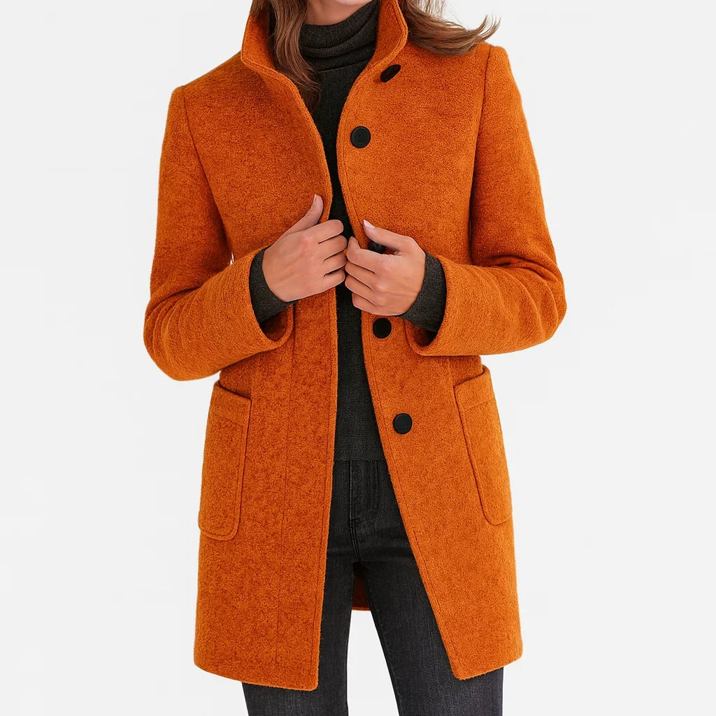 Women's Button-Front Stand Collar Wool Coat – Patch Pockets