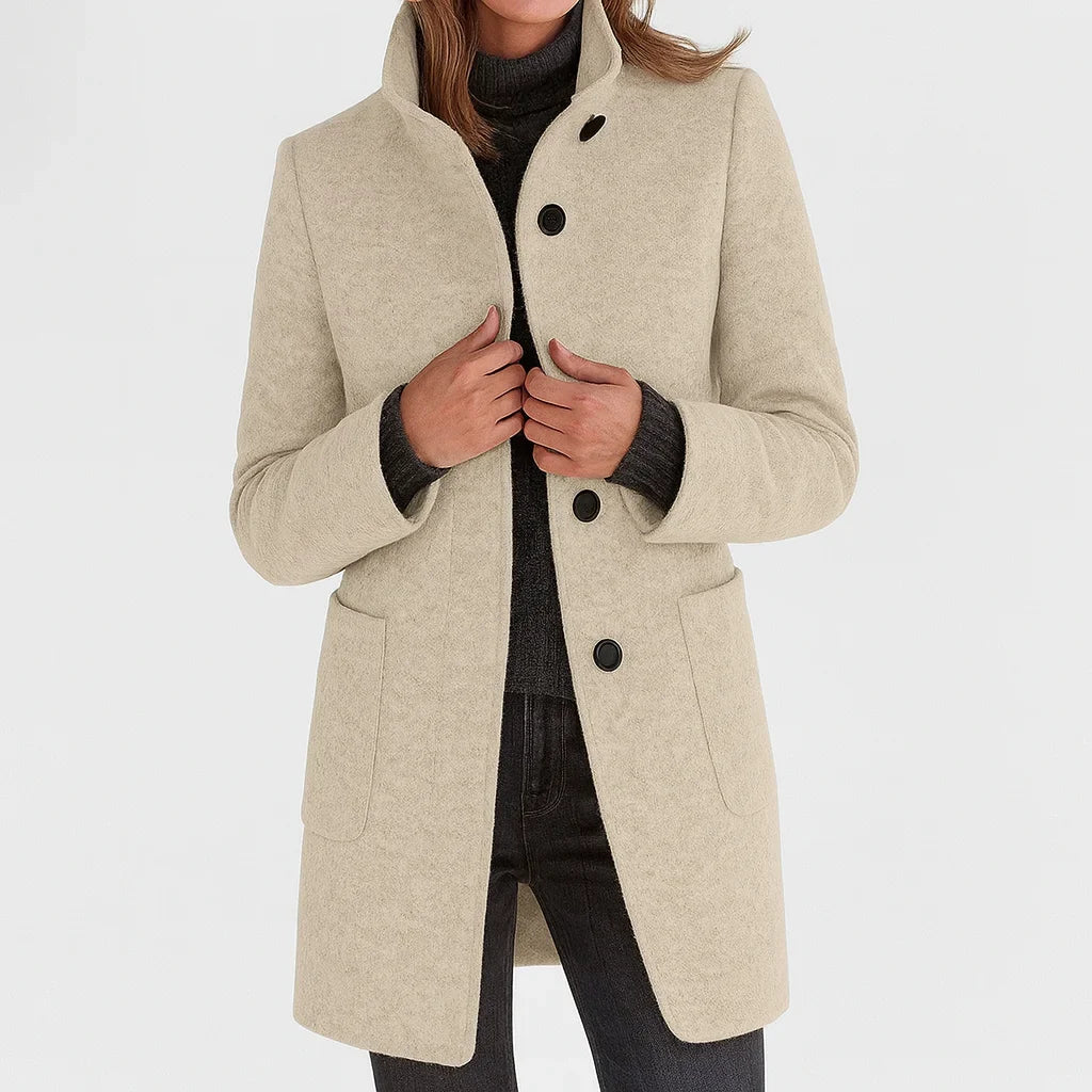 Women's Button-Front Stand Collar Wool Coat – Patch Pockets