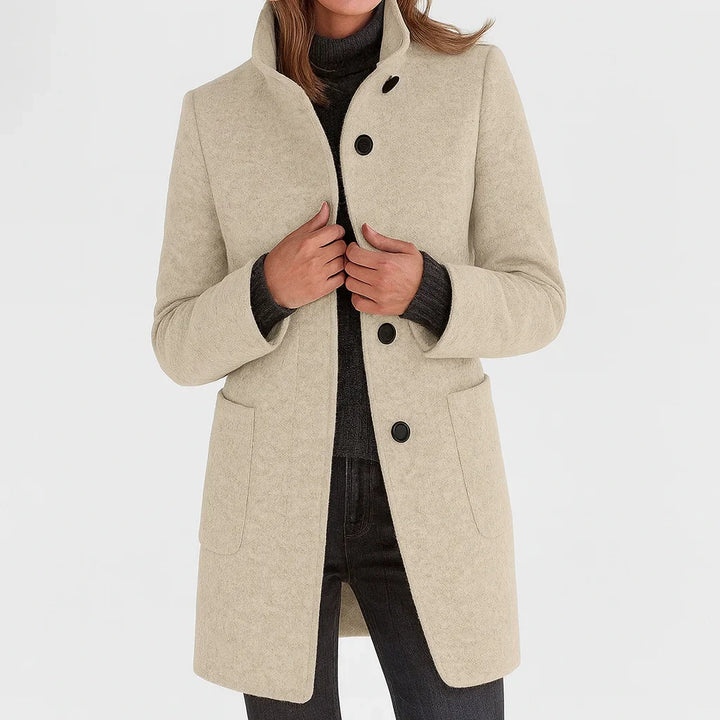 Women's Button-Front Stand Collar Wool Coat – Patch Pockets