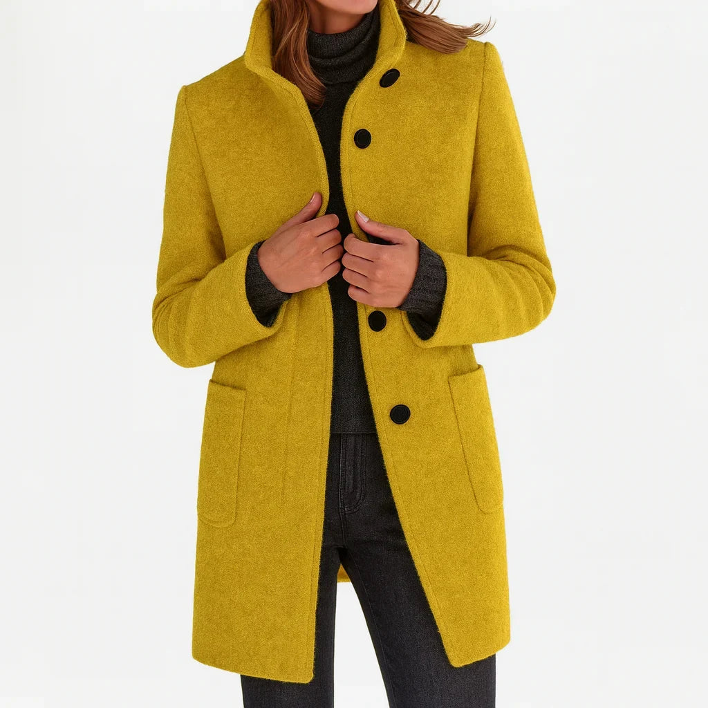 Women's Button-Front Stand Collar Wool Coat – Patch Pockets