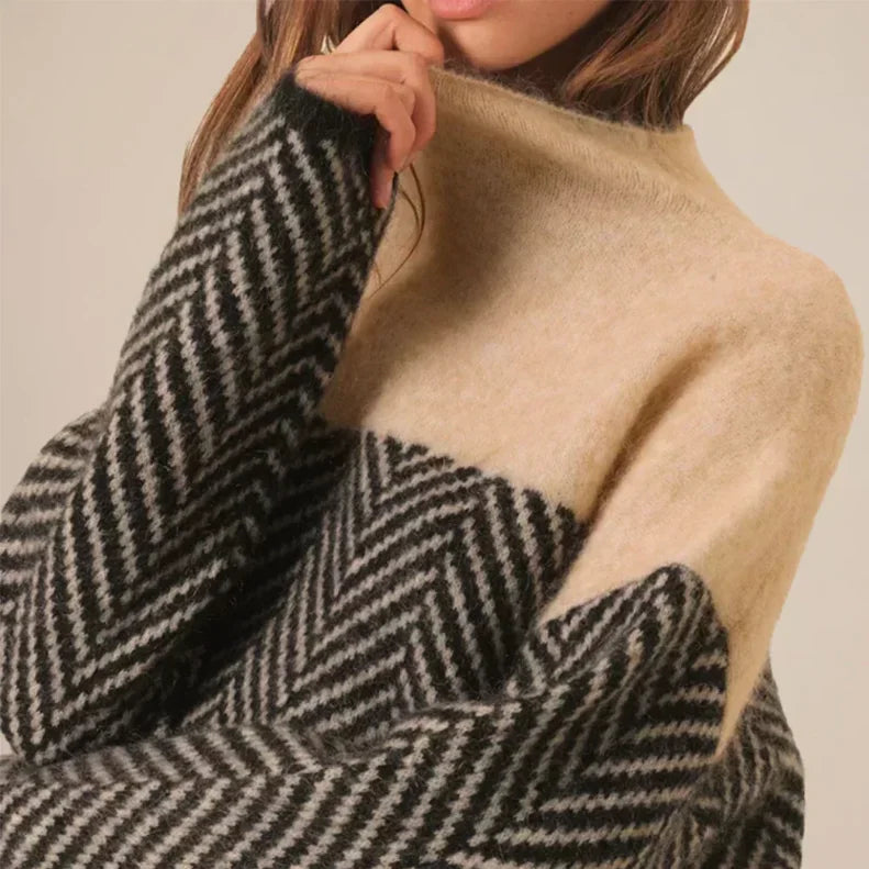 Women's Turtleneck Oversized Herringbone Colorblock Knitted Jumper