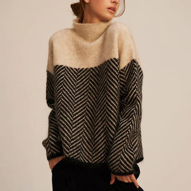 Women's Turtleneck Oversized Herringbone Colorblock Knitted Jumper