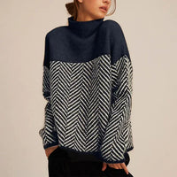 Women's Turtleneck Oversized Herringbone Colorblock Knitted Jumper