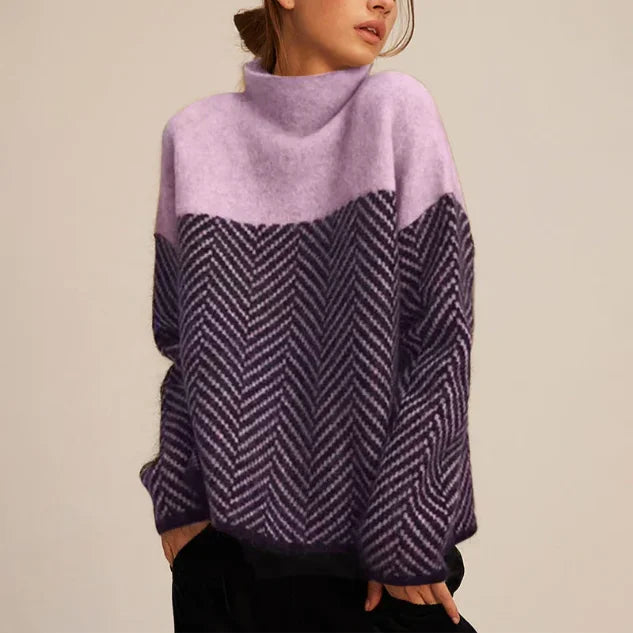 Women's Turtleneck Oversized Herringbone Colorblock Knitted Jumper