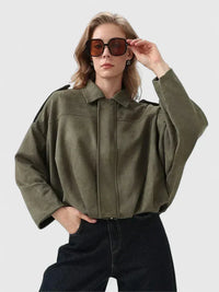 Women's Suede Button-Front Collared Cropped Jacket