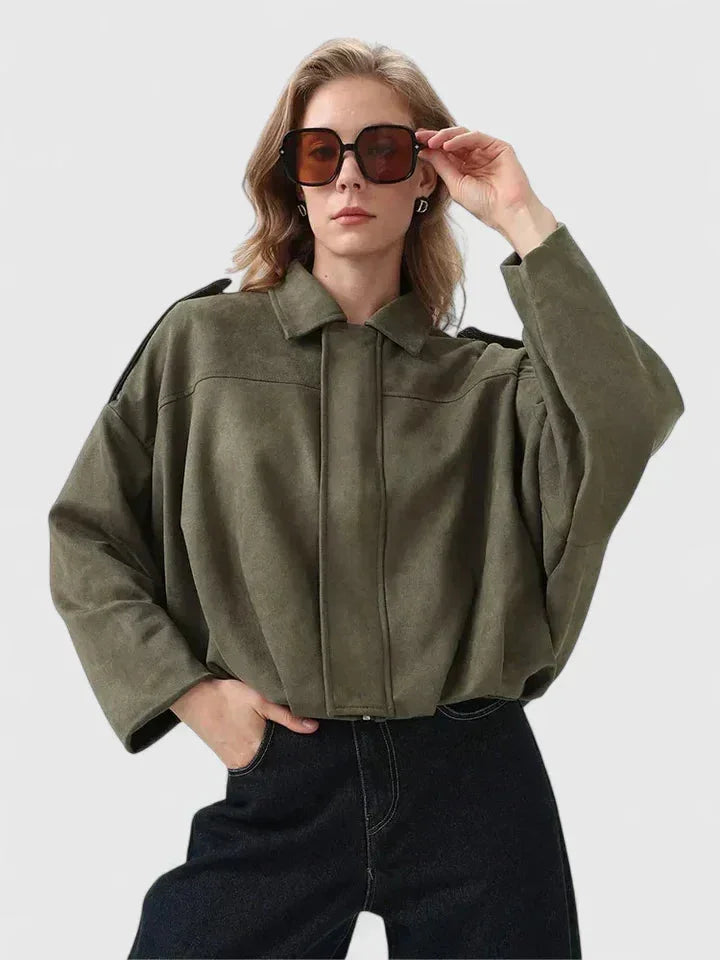 Women's Suede Button-Front Collared Cropped Jacket