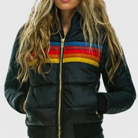 Women's Striped Quilted Zip-Up Puffer Jacket – Rainbow Stripes