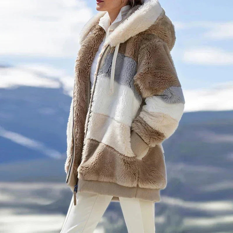 Women's Colourblock Borg Zip-Up Long Coat – Ribbed Cuffs