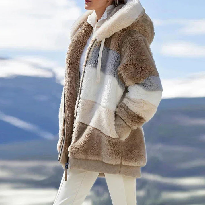 Women's Colourblock Borg Zip-Up Long Coat – Ribbed Cuffs