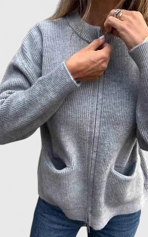 Women's Ribbed Zip-Up Stand Collar Cardigan – Front Patch Pockets