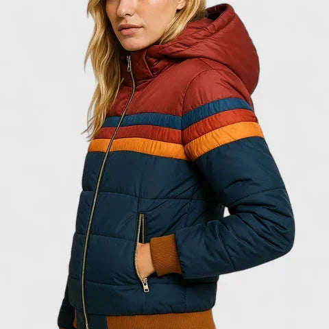 Women's Striped Quilted Zip-Up Puffer Jacket – Rainbow Stripes