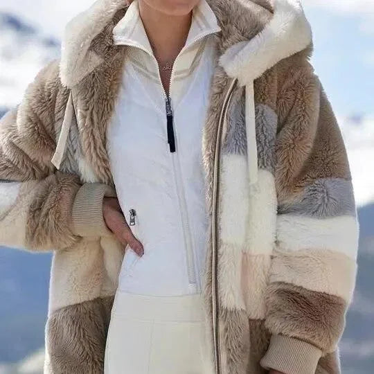 Women's Colourblock Borg Zip-Up Long Coat – Ribbed Cuffs