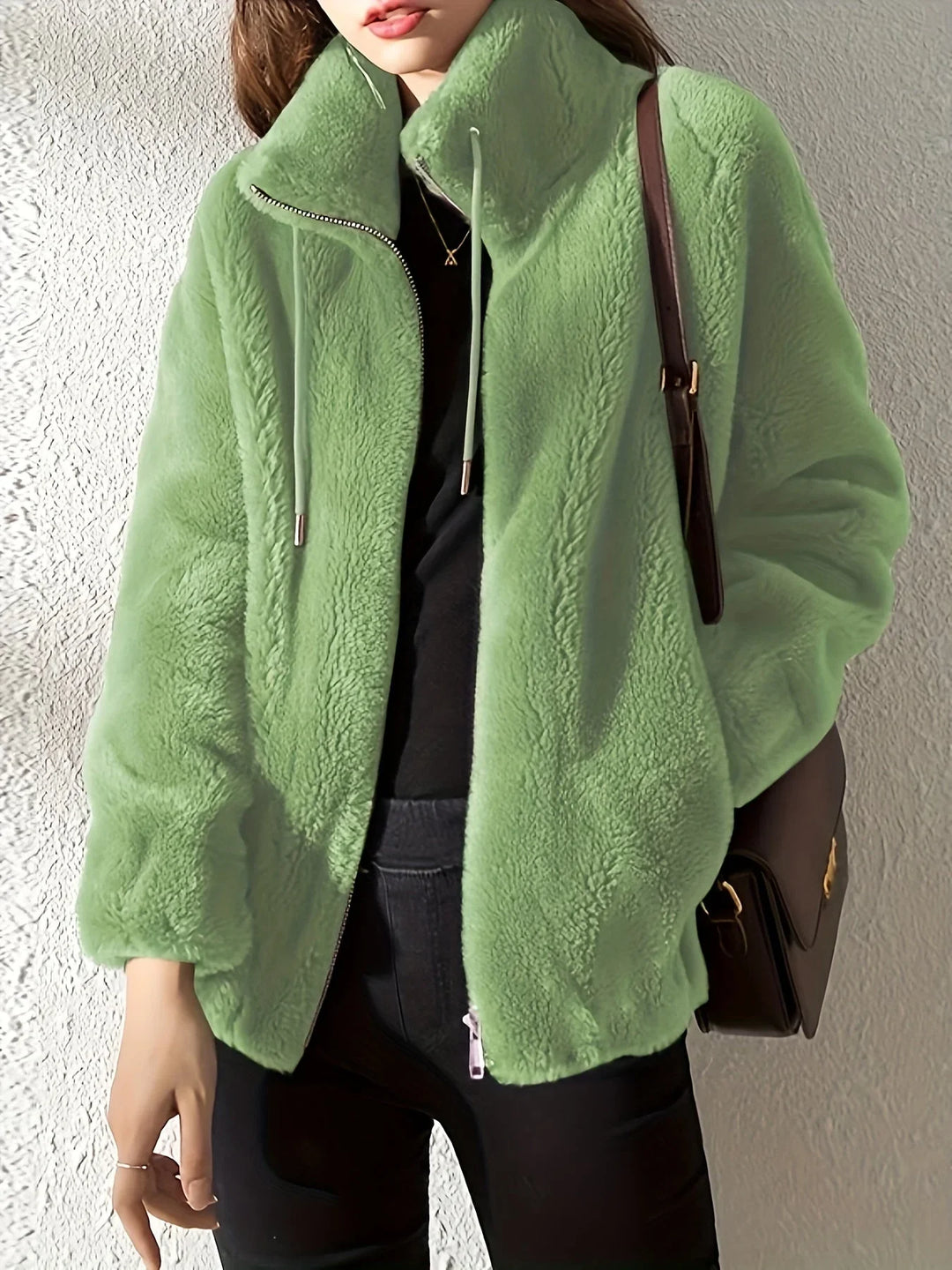 Women's Borg Zip-Up Stand Collar Jacket – Drawstring