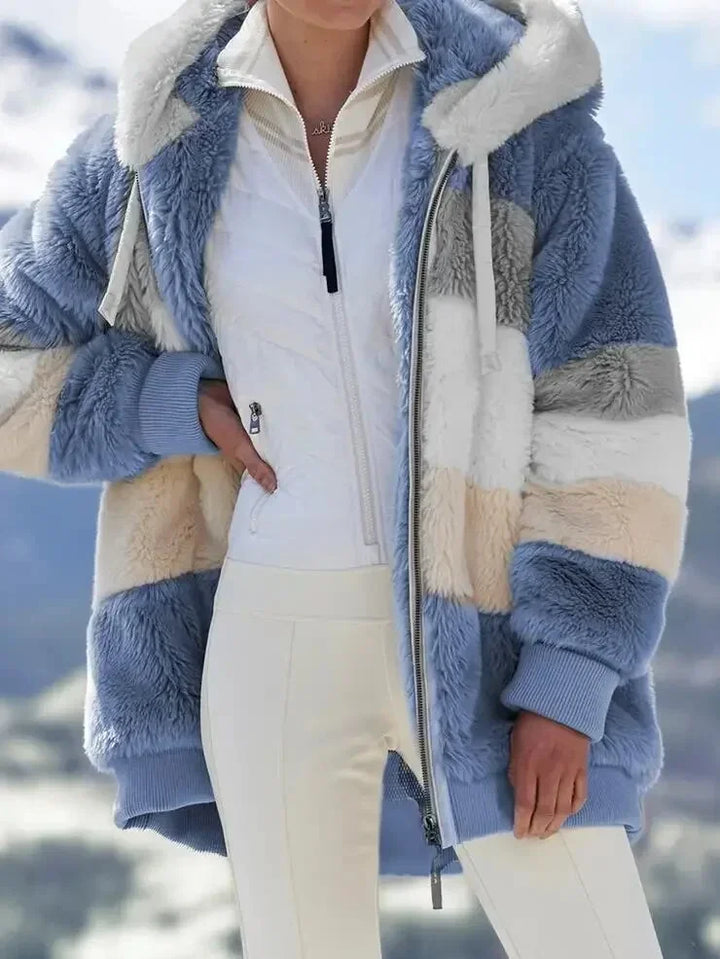 Women's Colourblock Borg Zip-Up Long Coat – Ribbed Cuffs