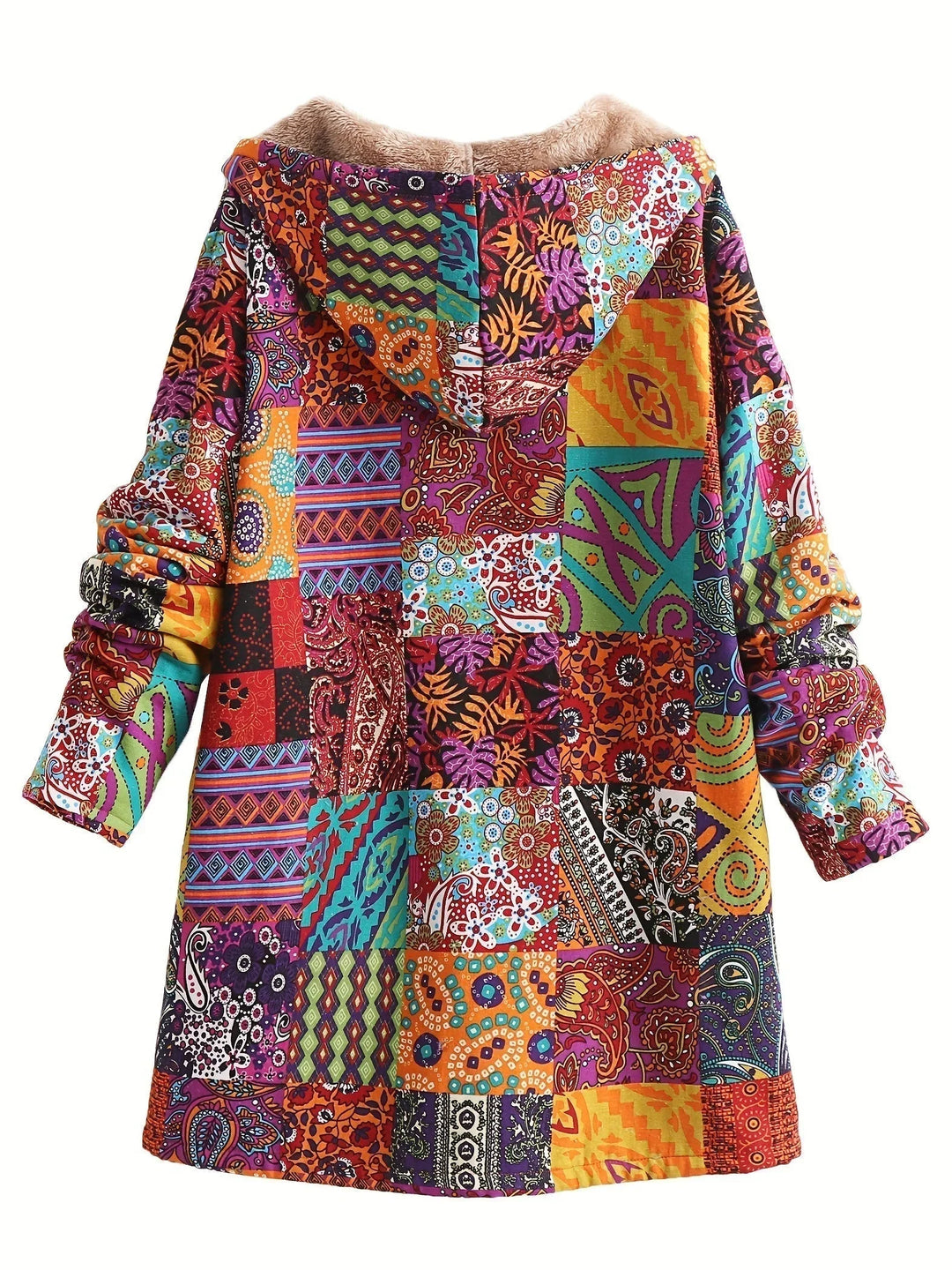 Women's Borg Button-Front Hood Parka – Patchwork Print