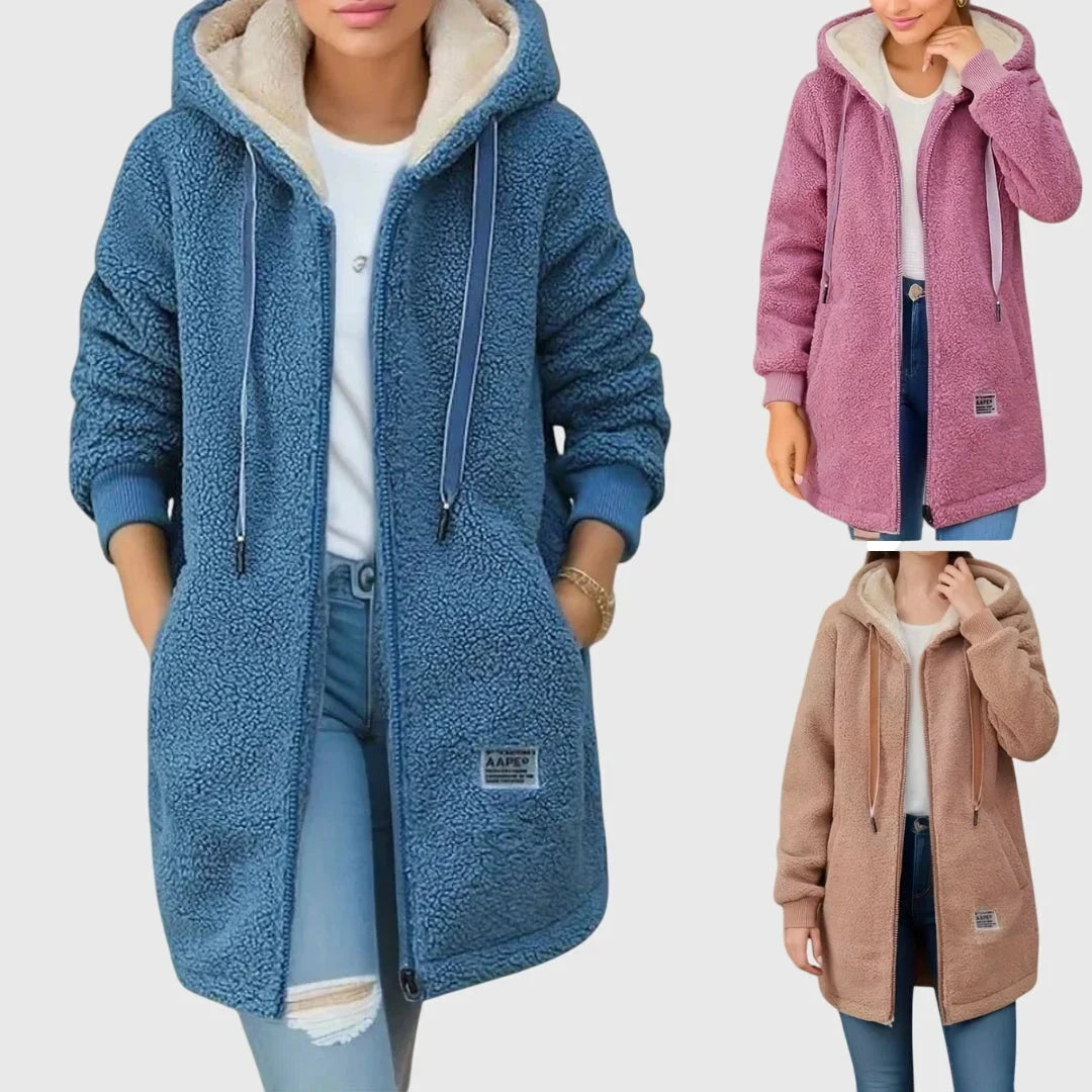 Women's Borg Zip-Up Hood Long Coat – Drawstring