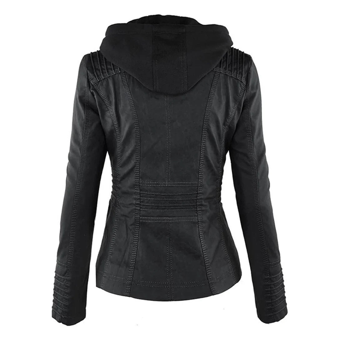 Women's Zip-Up Hood Leather Jacket – Zippered Pockets