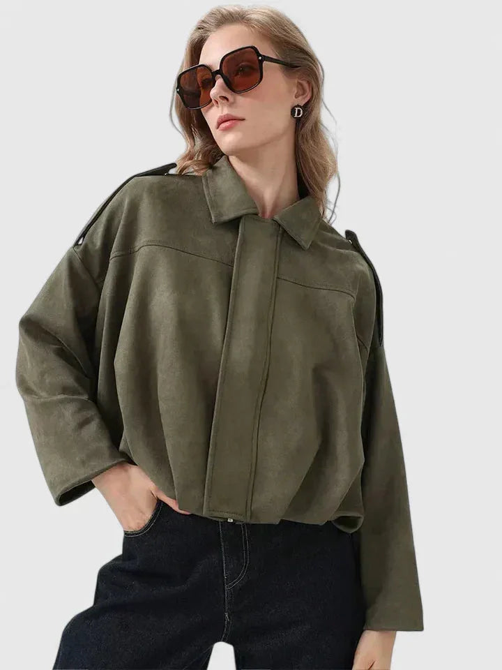 Women's Suede Button-Front Collared Cropped Jacket