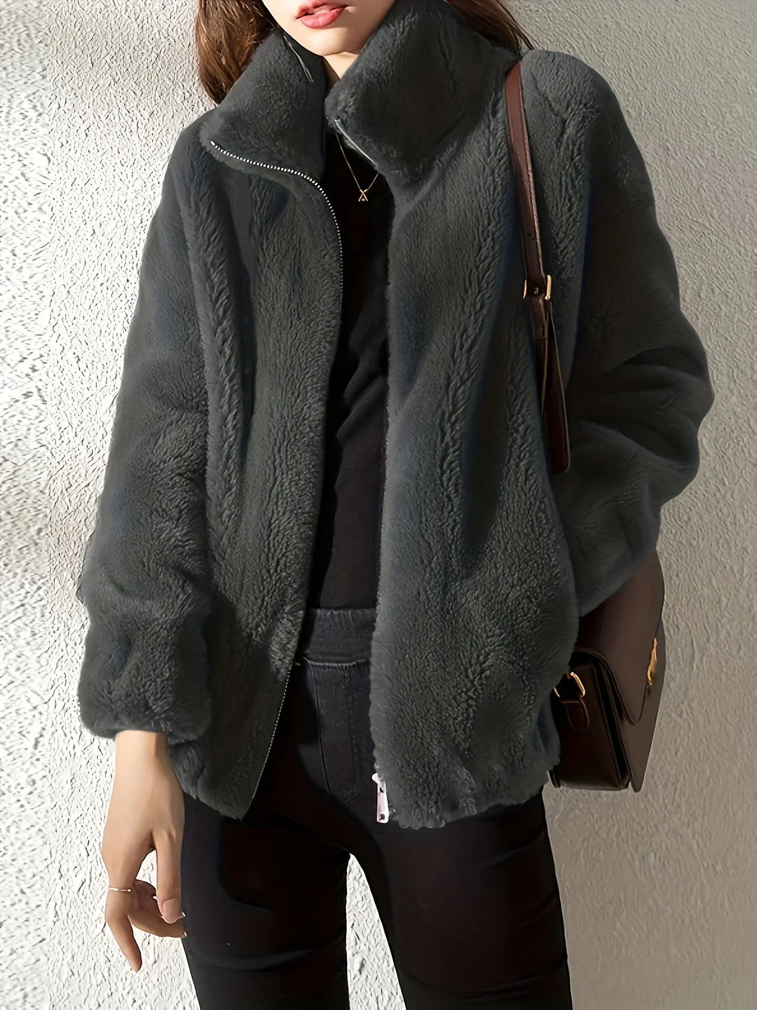 Women's Borg Zip-Up Stand Collar Jacket – Drawstring