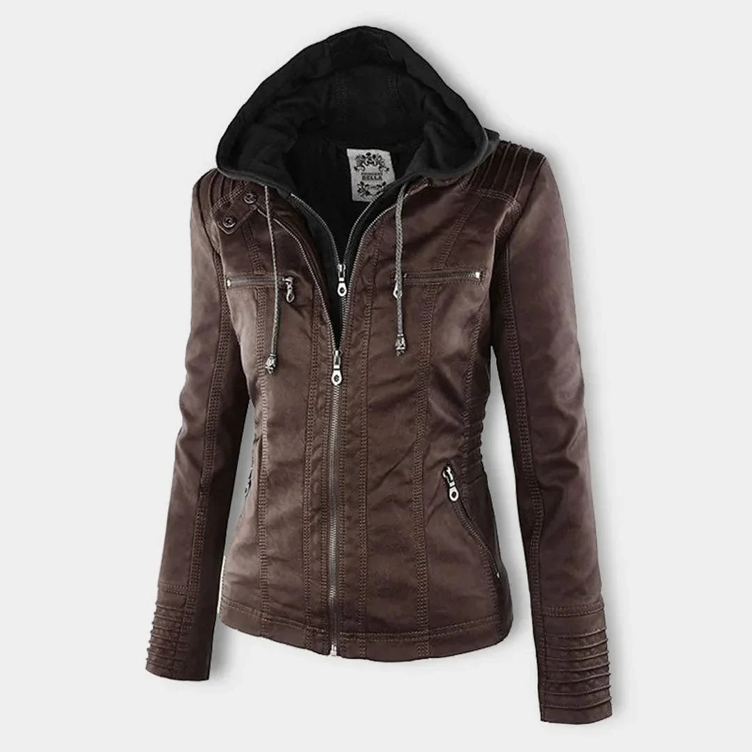 Women's Zip-Up Hood Leather Jacket – Zippered Pockets